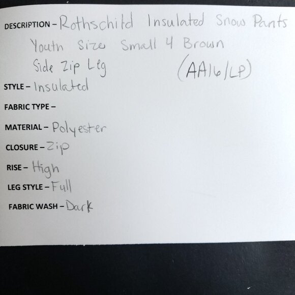 Rothschild Insulated Snow Pants Youth Size Small 4 Brown Side Zip Leg - Picture 7 of 7